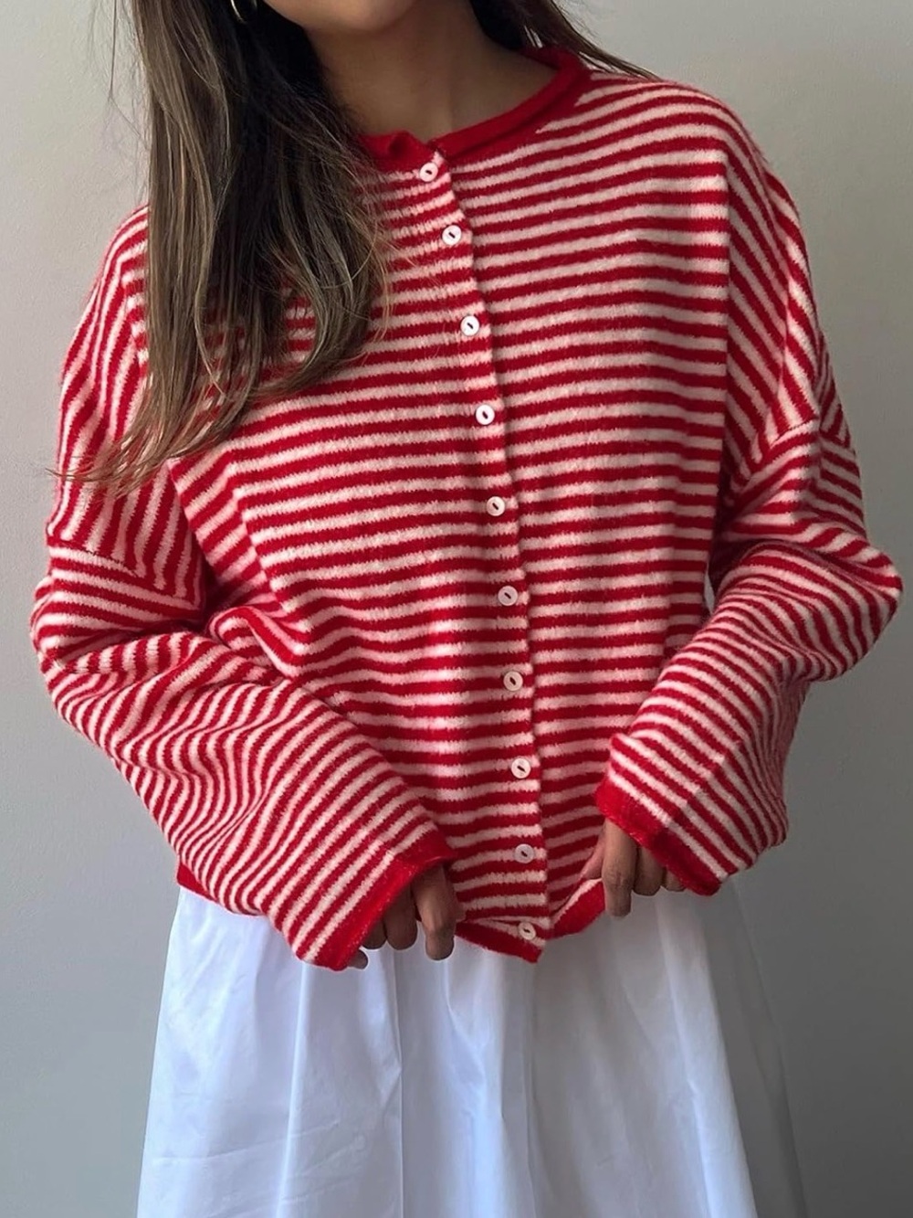 Red & White Striped Button-Up Women's Sweater Cardigan